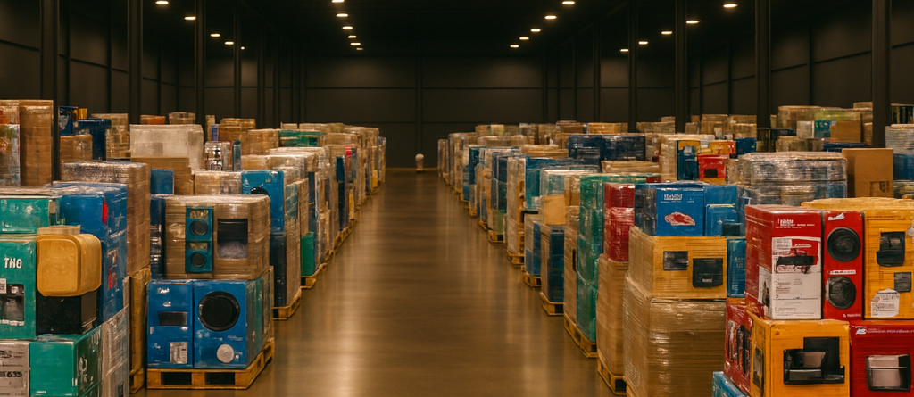 Multiple liquidation pallets side by side showing clothing, electronics, and tools
