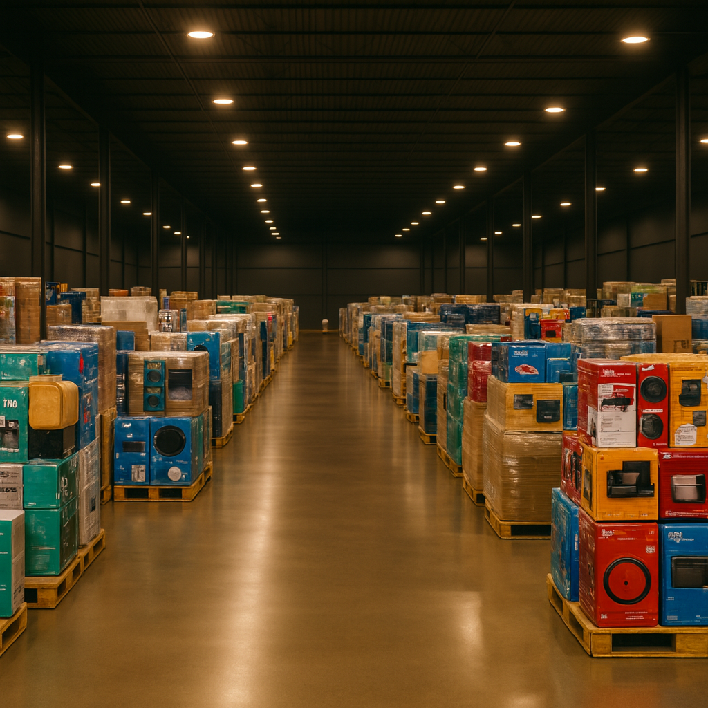 Multiple liquidation pallets side by side showing clothing, electronics, and tools
